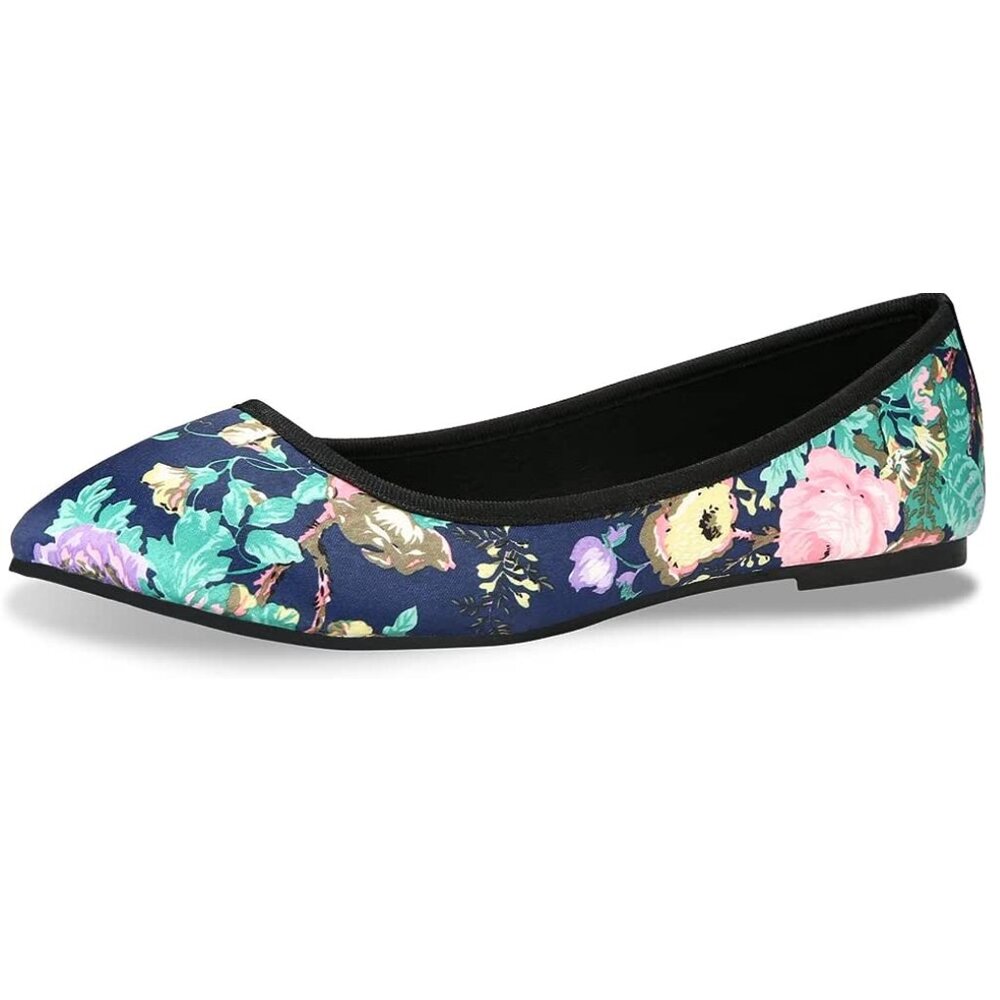 Navy Floral Ballet Flats Round Toe Cottagecore Slip On Shoes - Picture 4 of 8